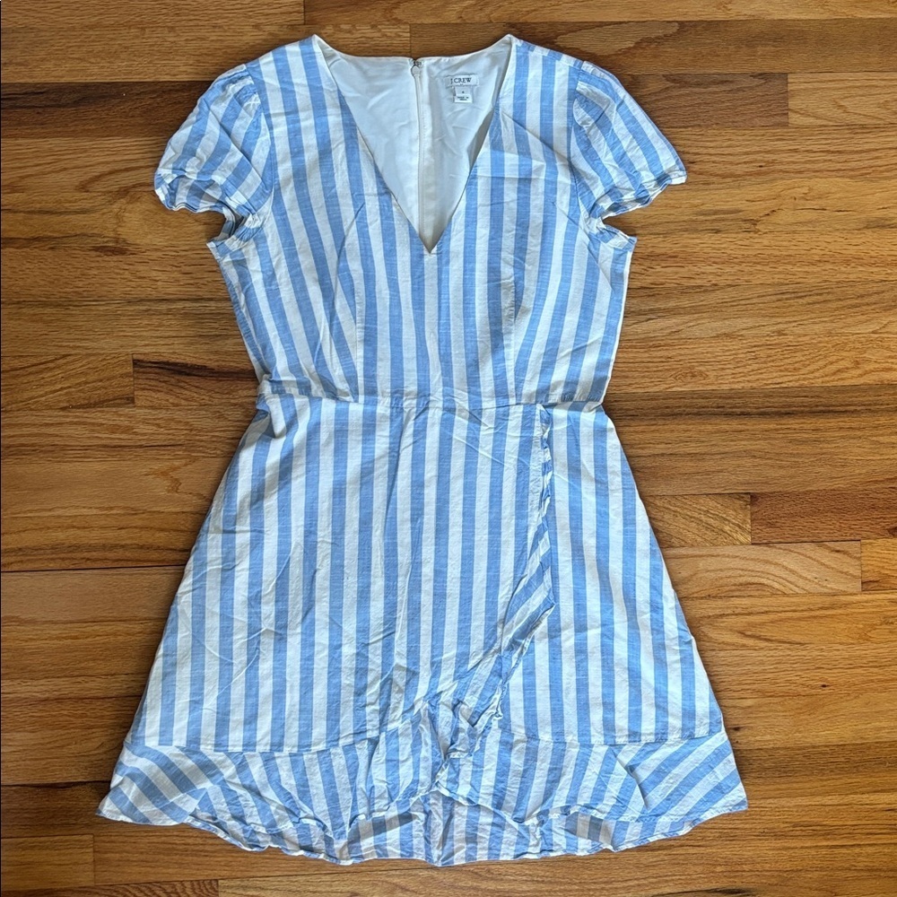 J. Crew Blue White Striped Ruffle Wrap Dress Size 6 Short Sleeve V Neck - Picture 4 of 10